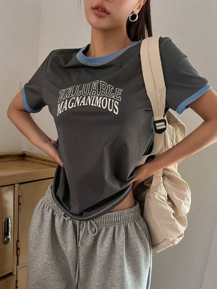 Color Block Loose Fit Short Sleeve T-Shirt With Letter Print & Thread Detail Decoration,Fall Clothes Preppy Tops Graphic Tee