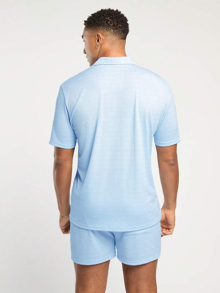 Men's Spring And Summer Casual Vacation Fit Sky Blue Knitted Jacquard Shirt And Shorts Two-Piece Set