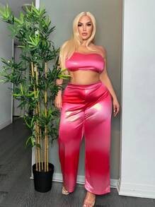 SHEIN SXY Plus Size Gradient Elastic Satin Strapless Top And Straight Pants 2pcs Set - Pink - View 4