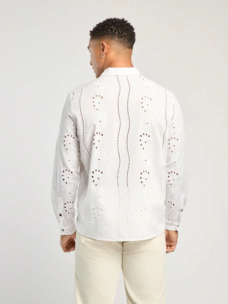 Men's Spring And Summer Casual Vacation Fit White Embroidered Long-Sleeved Shirt