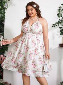 Flirla Vestido De Talla Grande Con Estampado Floral, Cuello Halter, Sin Espalda Y Bajo Con Volantes, Perfecto Para Vacaciones - Rosa - Ver 7