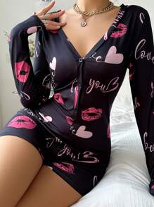 心形嘴唇印花长袖连体衣，秋冬款 - 黑色 - 查看 3