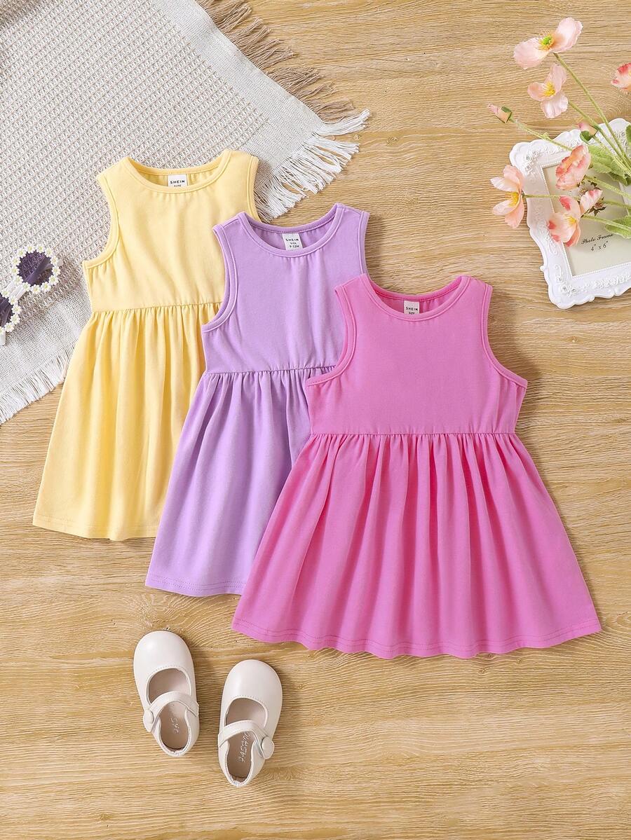 SHEIN Baby Girl's Casual Knitted Solid Color Sleeveless Dress Three Pieces Set - Purple - View 1