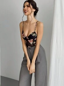 Firerie Floral Print Mesh Overlay Faux Boned Corset Top - Black - View 3