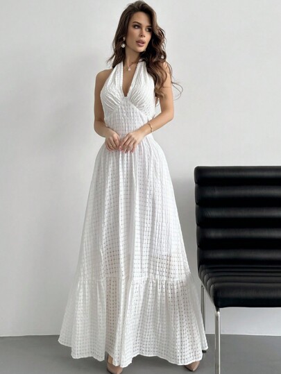 Aloruh Vestido De Cuadros Con Cuello Halter, Dobladillo Con Volantes Para Mujeres Para Una Cita Romántica