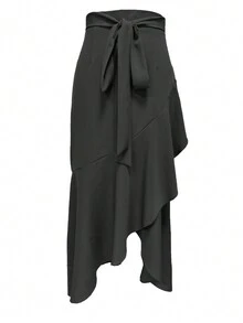 Women's Solid Color Belted Bodycon Asymmetric Ruffle Hem Elegant Skirt, Suitable For Casual, Date, Halloween, Autumn/Winter - Black - View 3