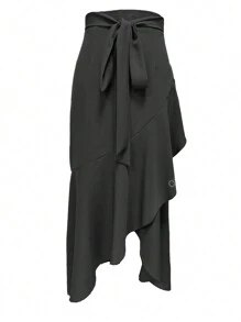 Women's Spring/Summer Solid Color Waist Belt Bodycon Asymmetrical Ruffle Mermaid Hem Elegant Skirt