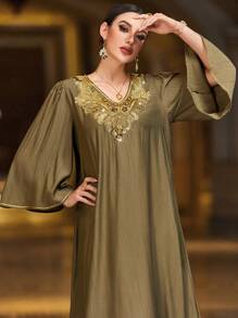 Layrah Váy Maxi Kaftan Đính Hạt Trang Trí Thoải Mái Và Nhẹ Không Nhìn Xuyên Thấu Kiểu Ả Rập Dài Tay Khiêm Tốn - xanh quân đội - Xem 1