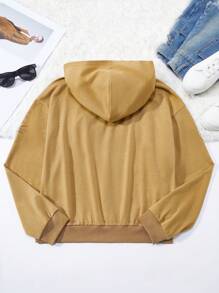SHEIN Unity Character Patchwork & Slogan Print Hooded Sweatshirt Pullover Fall Sweatshirt - Khaki - View 2