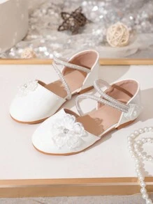 Children's Comfortable Flat Double Strap Rhinestone Decor Princess Shoes In White
