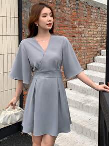 DAZY Women's Solid Color V-Neck Bell Sleeve Dress Sundress,Casual Women Dresses - Blue - View 4