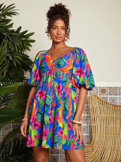 Travachic Holiday Flower & Plant Print Lantern Sleeve Summer Dress