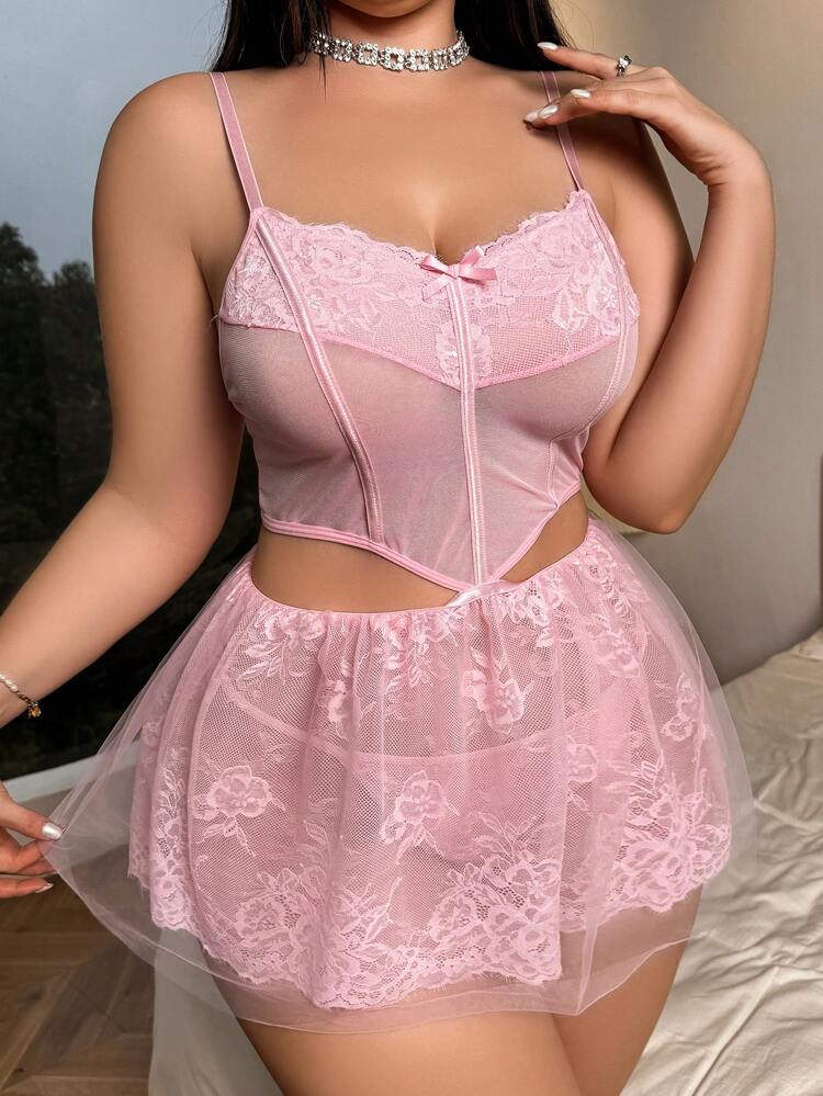 Plus Size Women's Lace Mesh Lingerie Set, Including Wireless Bralette & Skirted Panties