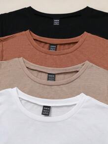 SHEIN LUNE Conjunto De 4 Playeras Básicas De Cuello Redondo Y Manga Corta Para Mujeres De Color Sólido - Multicolor - Ver 4