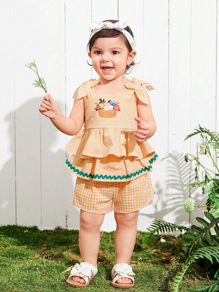 Baby Girl Cute Summer Holiday Plaid & Floral Pattern Tank Top With Shorts Set