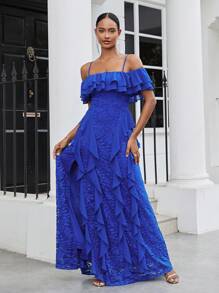 SHEIN Belle 優雅、浪漫、女性化、柔和的皇家藍色雪紡對比蕾絲，春季婚禮季節，細肩帶、露肩層疊水母荷葉邊，柔軟高腰人魚A字型裙，音樂節假期，復活節返鄉，畢業典禮，舞會派對長裙 - 藍色 - 查看 4