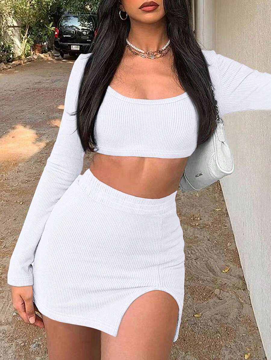 INAWLY 女式纯色短款长袖上衣和开衩下摆短裙两件套 - 白色 - 查看 1