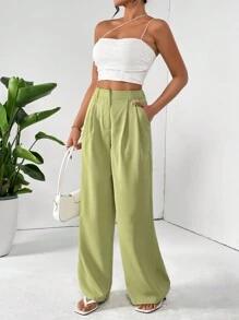 SHEIN Essnce Ladies' Straight-Cut Green Suit Trousers - Green - View 5