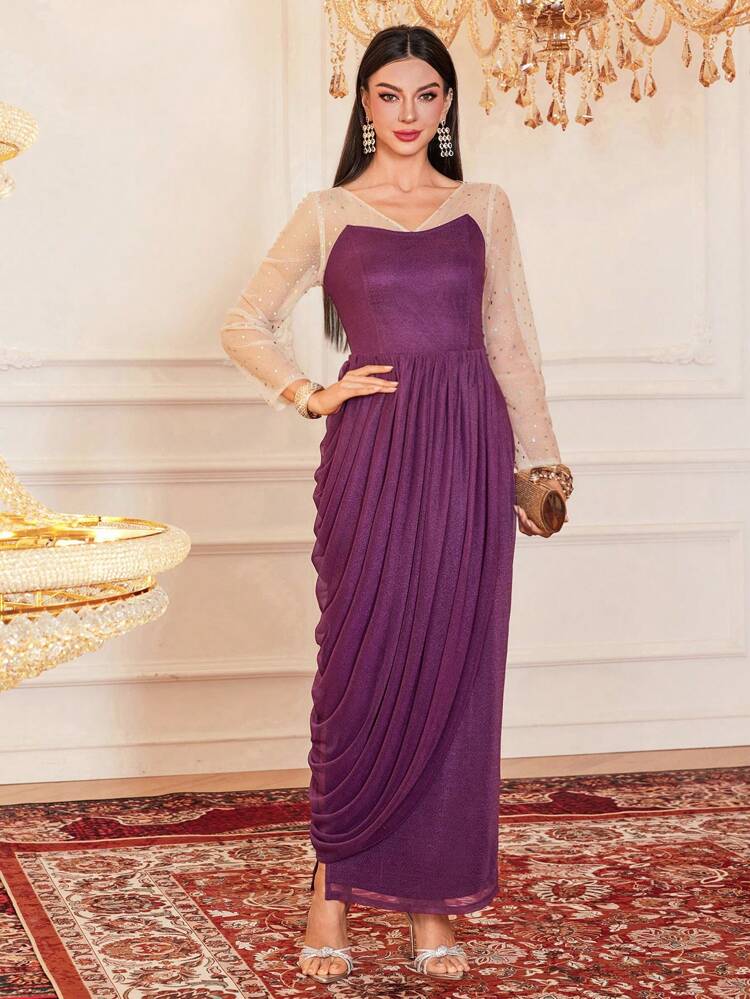 Contrast Mesh Elegant Dress & Shawl Set 2 Pieces Set