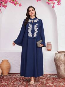 Al Najma Plus Size Embroidered Flare Sleeve Dress Kaftan Jalabiya Dress - Blue - View 3