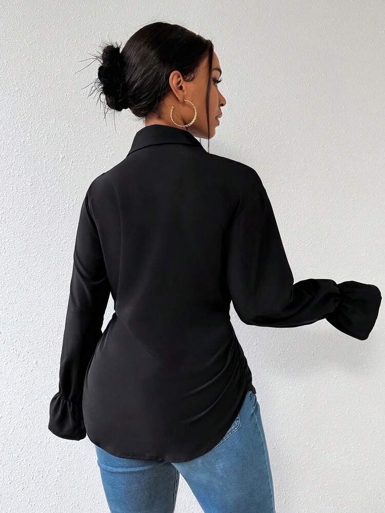 Women Spring Blouses Solid Color Long Sleeve Waist-Twist Shirt