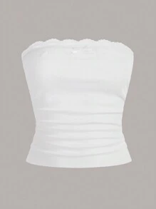 SHEIN EZwear Knitted Fitted Lace Panel Strapless Top - Blue - View 4