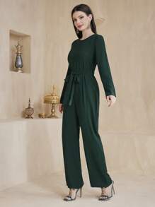 Al Najma Women's Shiny Sequin & Woven Belt Patchwork Jacket And Solid Jumpsuit Set