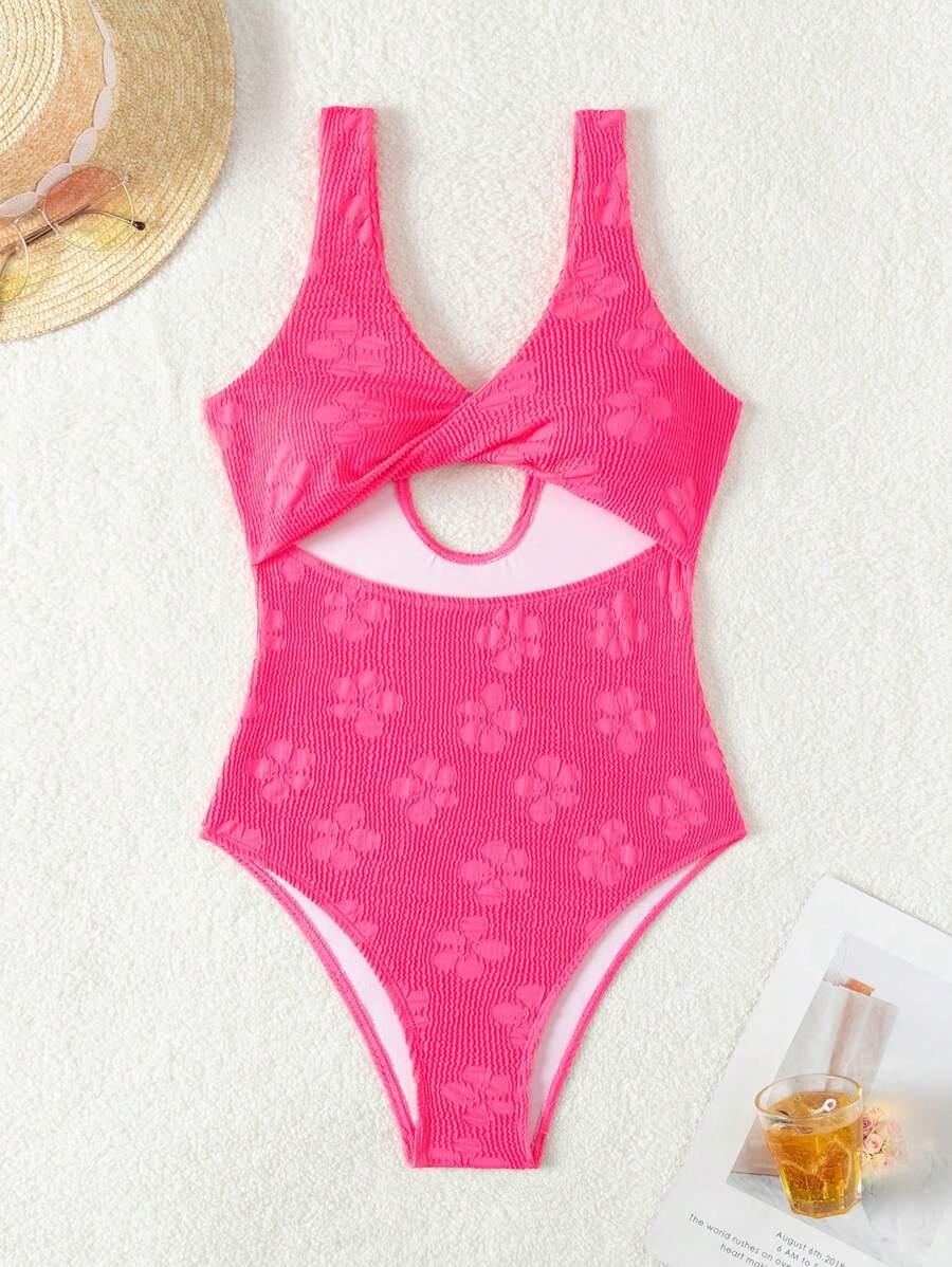 SHEIN Swim Floral Jacquard Hollow Out One Piece Swimsuit Summer - Hot Pink - View 1