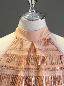 Vestido corto de fiesta sin mangas con adornos de flecos y lentejuelas para niña preadolescente, para cumpleaños, eventos, bodas, todo el año - Champán - Ver 4