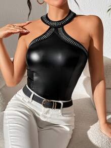 SHEIN PETITE Slim Fit Rhinestone Embellished Halter Bodysuit - Black - View 7