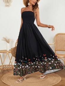 SHEIN VCAY Floral Printed Ruched Strapless A-Line Dress - Black - View 1