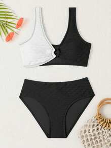 少女双色比基尼套装夏日海滩 - 黑與白 - 查看 3