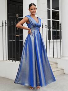 SHEIN Belle 女士藍色亮片絲質光澤緞面背心式袖子V領拼接網眼大擺裝飾優雅閃亮I摺褶裙，明亮的顏色適合宴會、音樂節、畢業季、正式晚宴、派對 - 藍色 - 查看 3