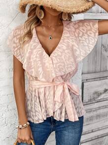 Chiquease Blusa de mujer con cuello en V, decoración de volantes y estampado de leopardo jacquard