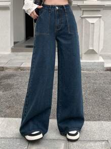 Dazy Designer 女士高腰寬腿牛仔褲,多口袋設計,時尚感十足 - 深色水洗藍 - 查看 9