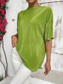 SHEIN Essnce Của phụ nữ Đứng cổ áo Ống tay áo Thả vai Ngắn tay Áo thun - màu xanh lá - Xem 1