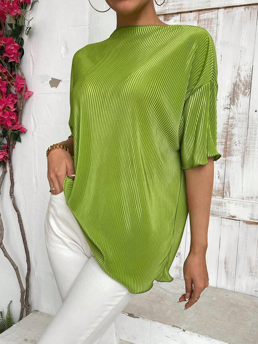 SHEIN Essnce Của phụ nữ Đứng cổ áo Ống tay áo Thả vai Ngắn tay Áo thun - màu xanh lá - Xem 1