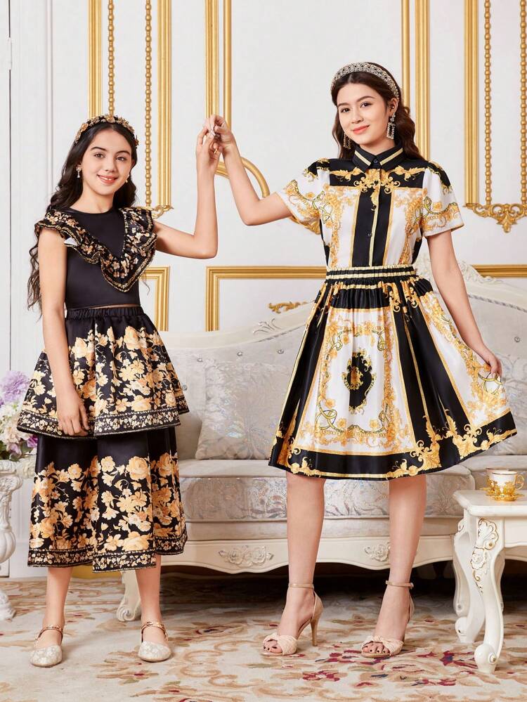 Teen Girls' Woven Elaborate Palace Style Floral Print Turn-Down Collar Shirt And Skirt Set