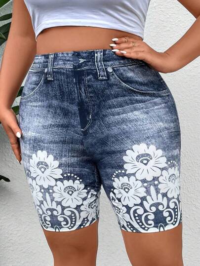EMERY ROSE 大码女式牛仔效果数码花卉印花短款紧身裤，夏季