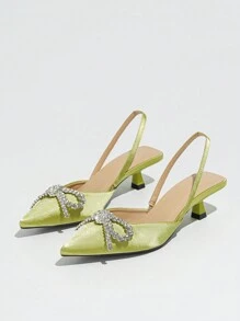 Women's Bowknot & Rhinestone Decor High Heels, Elegant For Party & Gathering In Spring/Summer, Satin Green - Green - View 3