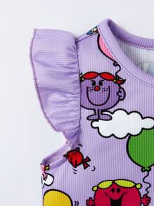 Mr Men Little Miss X SHEIN Baby Girl Cartoon Graphic Ruffle Armhole Bodysuit - Purple - View 3