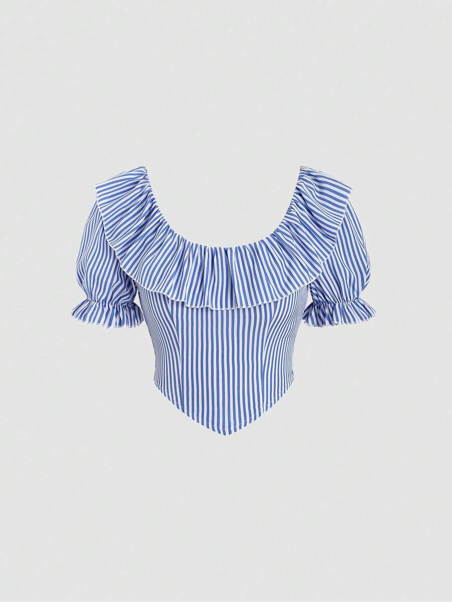 SHEIN Unity Women's Asymmetrical Hemline Striped Shirt With Ruffled Hem - Blue - View 1