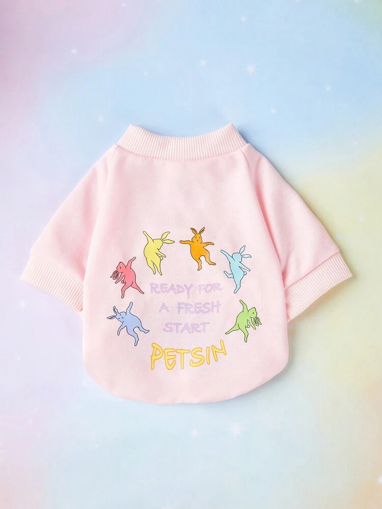 Colorful Cartoon Rabbit Printed Pink Sweatshirt With Easter Bunny Embroidered Pet Sweatshirt