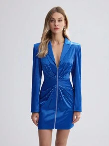 BizChic Women's Solid Color Zipper Blazer Jacket - Blue - View 8