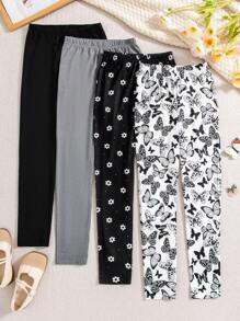 SHEIN زي فتاة مراهقة مكون من 4 قطع مجموعة من السراويل المتماسكة بلون سادة مع تصاميم الفراشة والزهور العارضة - متعدد الألوان - مشاهدة 2