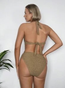 SHEIN Swim Summer Solid Color Halter Neck Hollow Out One Piece Swimsuit - Khaki - View 4