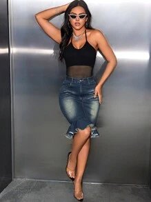 SHEIN SXY Vintage Denim Mermaid Skirt With Asymmetrical Ruffle Hem - Blue - View 6