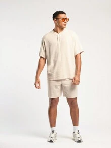 Forever 21 Men's Spring And Summer Casual Vacation Loose Linen Original Color Shirts And Shorts Two-Piece Set - Apricot - View 3