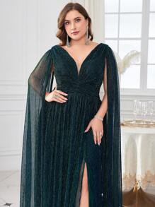 Váy dự tiệc tay dài cổ chữ V xếp nếp cỡ lớn cho nữ Váy dự tiệc cưới Váy trang trọng Váy dạ hội, Váy cô dâu, Trang phục sinh nhật cho phụ nữ, Váy tốt nghiệp, Váy dạ hội - Màu xanh lá cây đậm - Xem 5