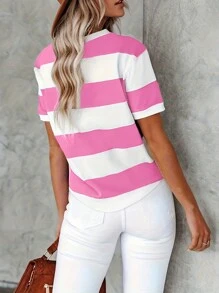 女士条纹印花圆领短袖休闲T恤，女士夏季服装，女士休闲上衣夏装，日常夏季上衣 - 粉色 - 查看 2